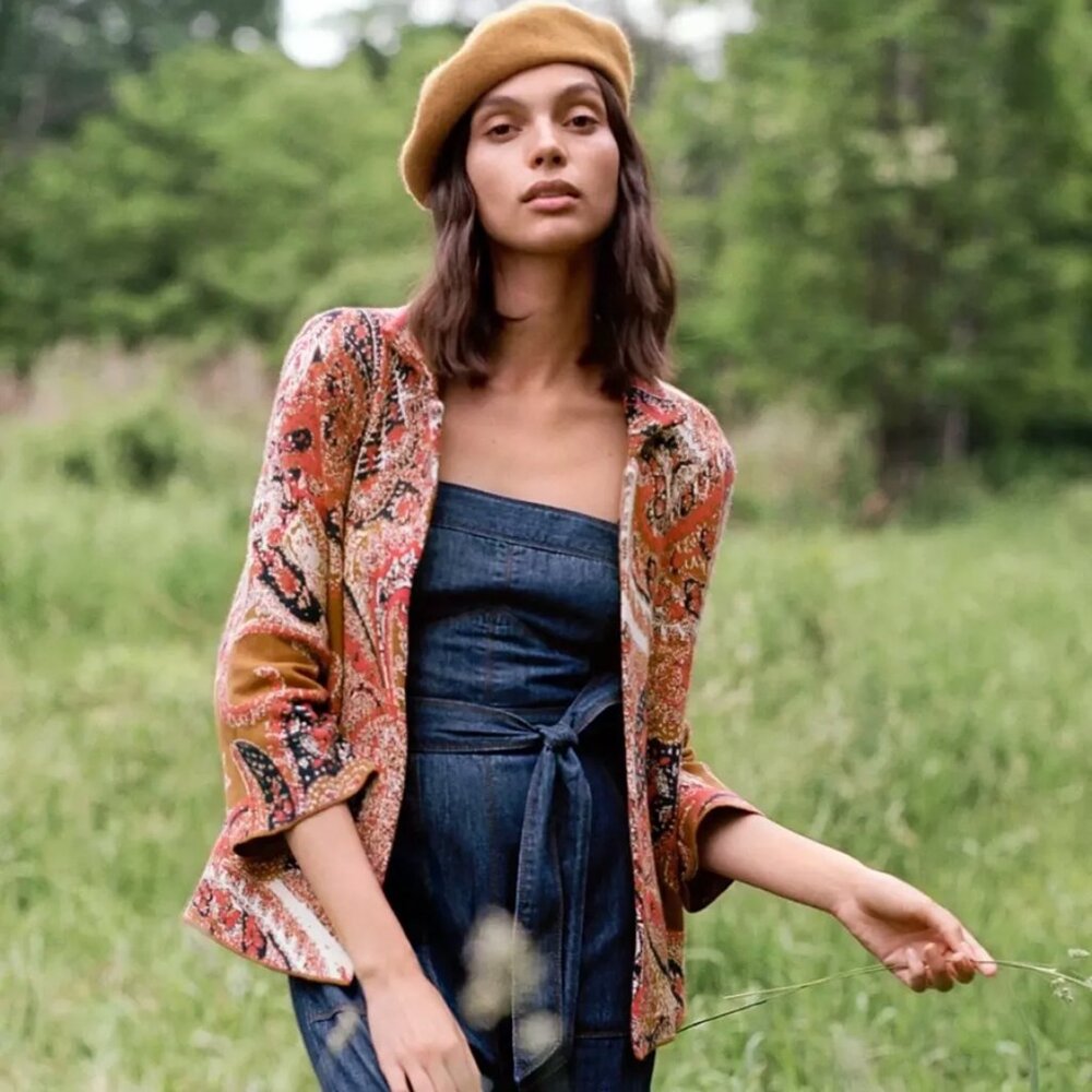 Anthropologie Moth Boho Paisley Intarsia Blazer Knit Cardigan - Size L